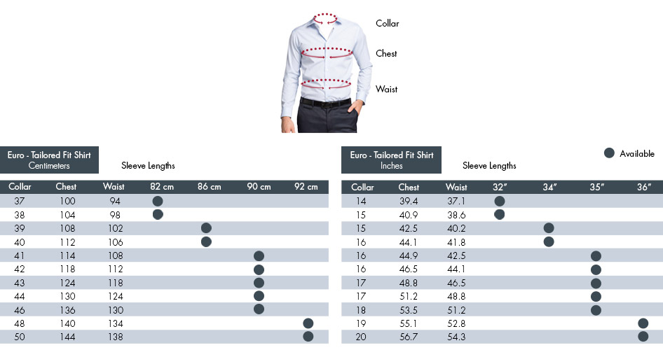 Mens Shirt Size Charts, Geoffrey Beene, Van Heusen Size Chart