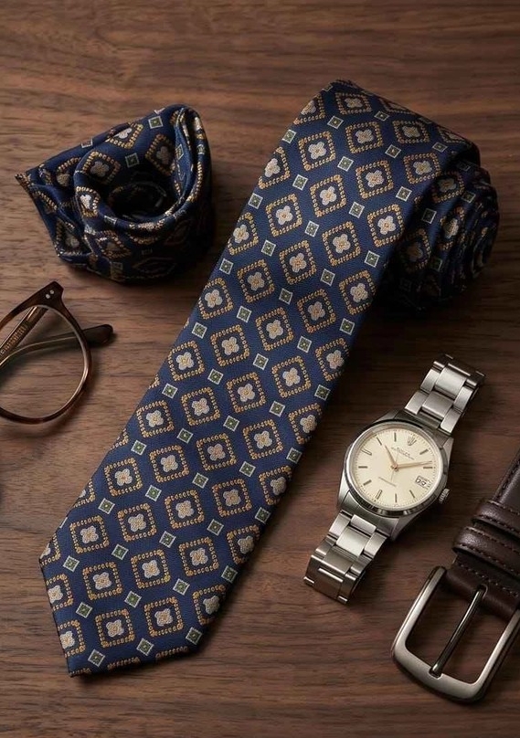 geometric navy orange tie