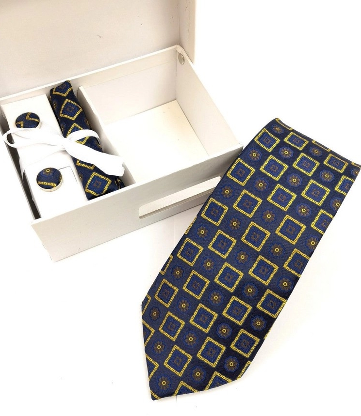 geometric tie set in navy gold